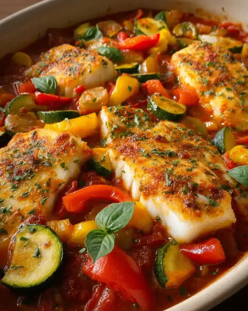 Mediterraner Fischauflauf mit Kabeljau, Paprika & Zucchini