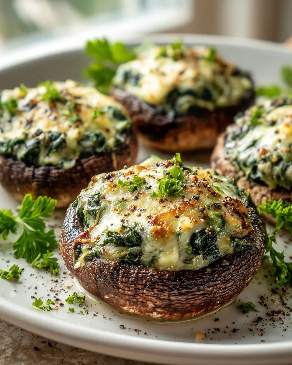 Mozzarella Spinat gefüllte Portobello Pilze