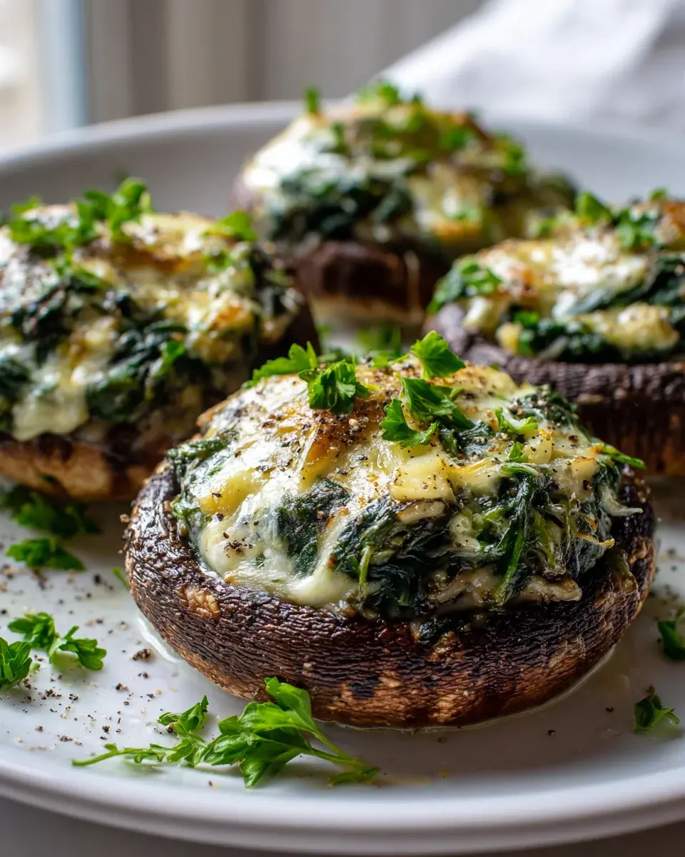 Mozzarella Spinat gefyllte Portobello Pilze