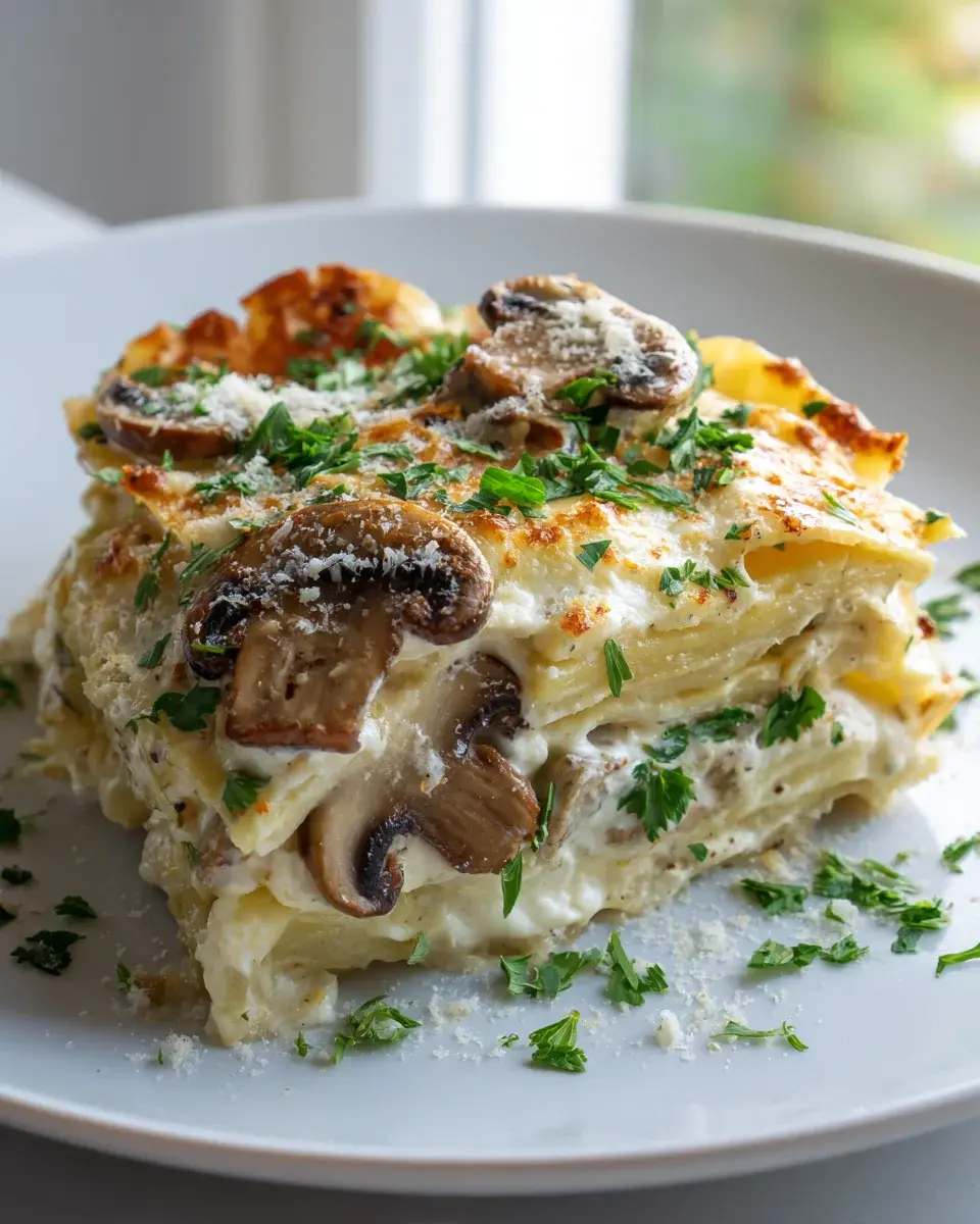 Mushroom And Garlic White Sauce Potato Lasagna