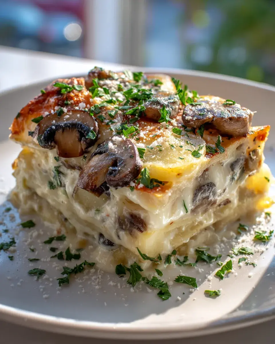 Mushroom And Garlic White Sauce Potato Lasagna