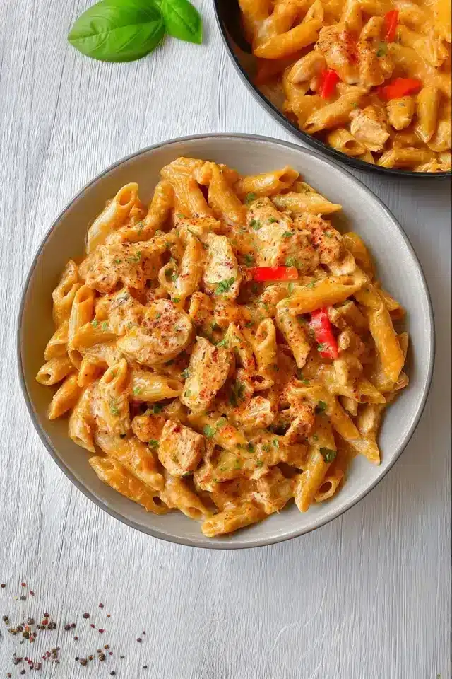 Nudeln mit Hähnchen in cremiger Paprikasosse