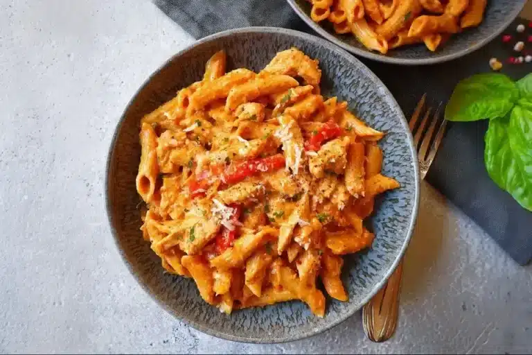 Nudeln mit Hähnchen in cremiger Paprikasosse