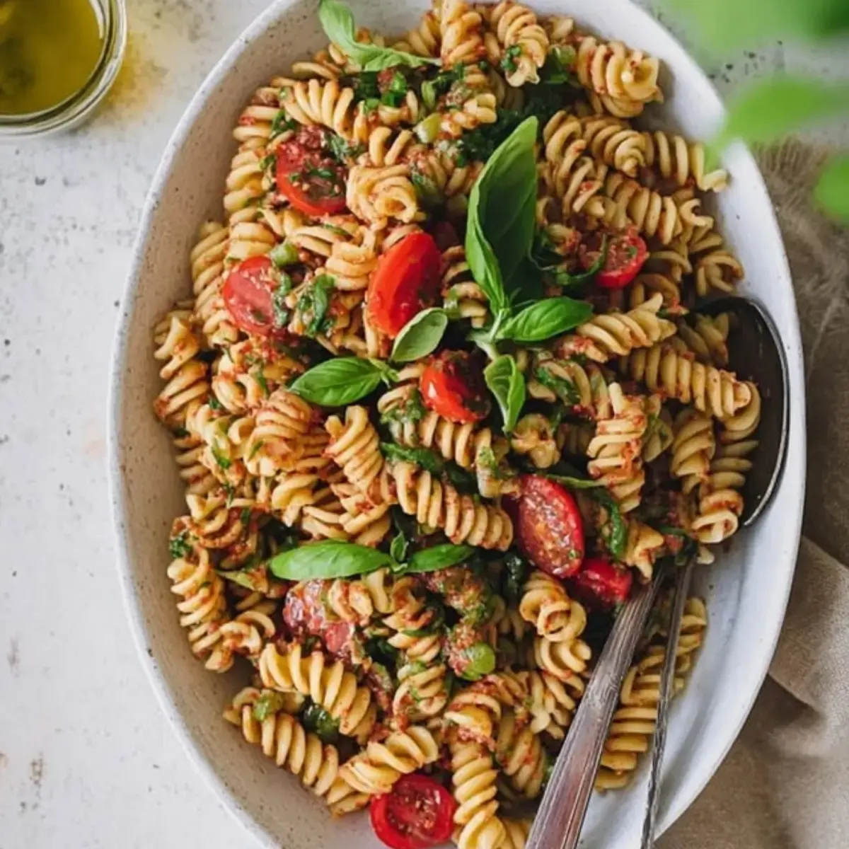 Nudelsalat mit rotem Pesto