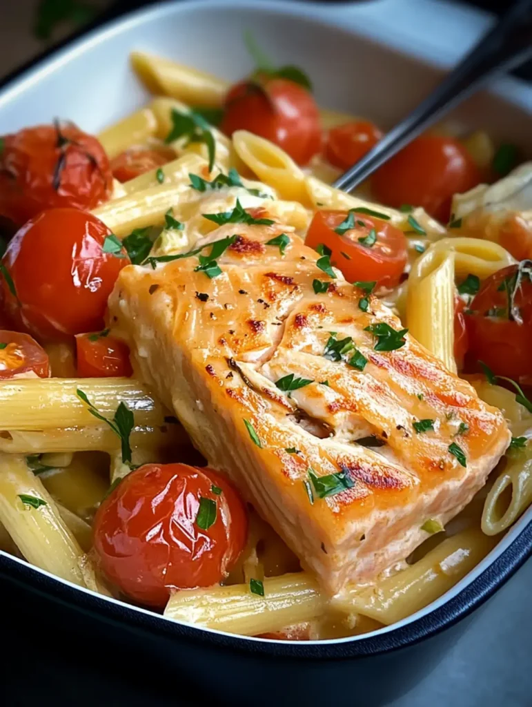 Saftige Ofen-Lachs-Pasta mit Tomaten und Sahne