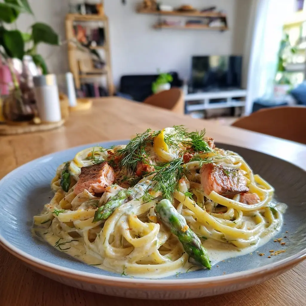 Pasta mit Lachsfilet, grünem Spargel und cremiger Zitronen-Dill-Sauce – LNNRW
