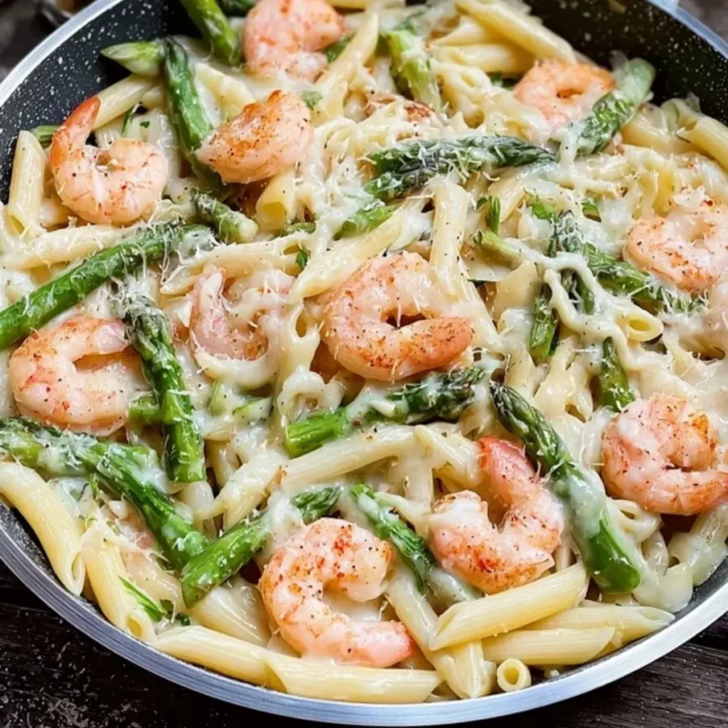 Pasta mit grünem Spargel und Garnelen