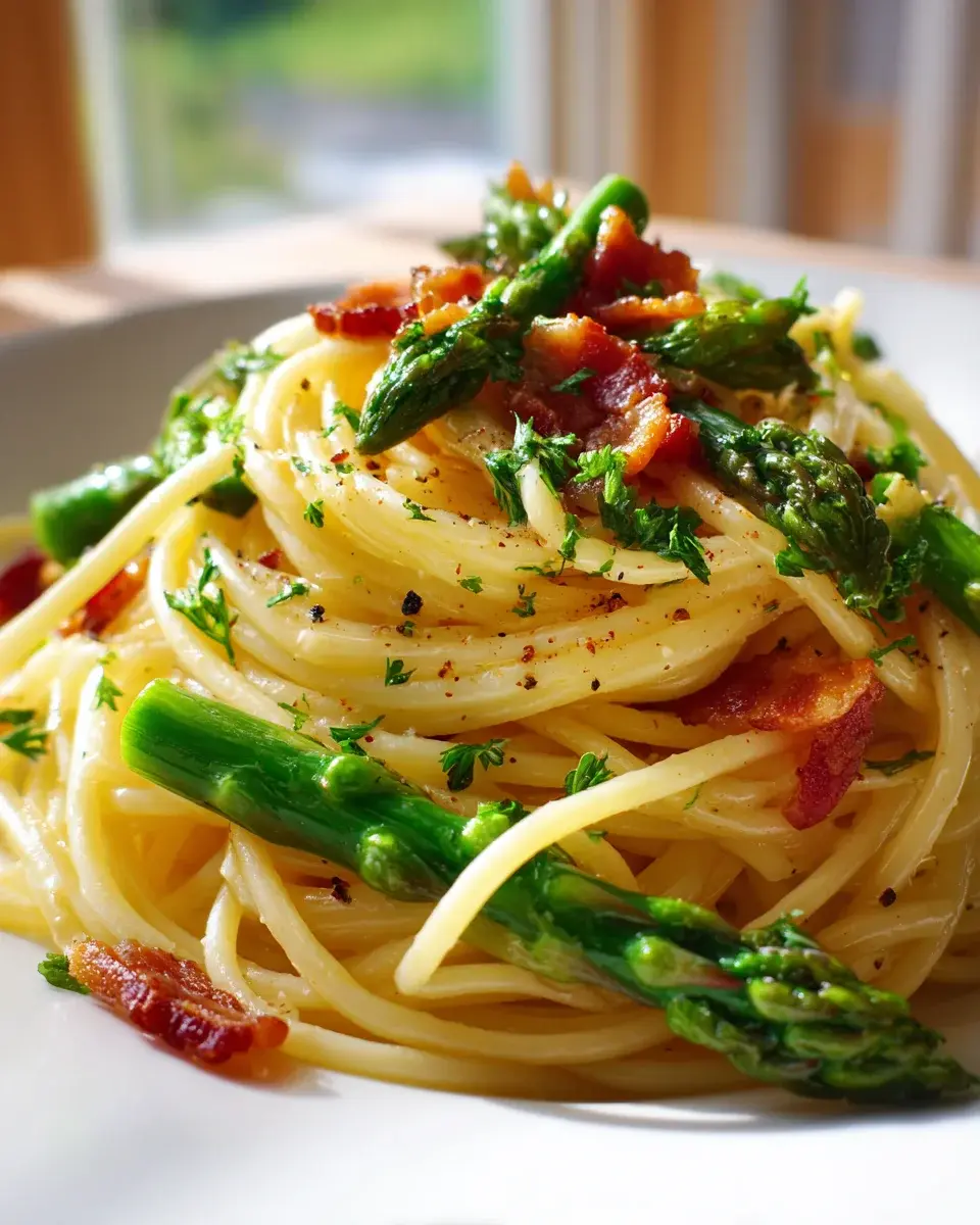 Pasta mit grünem Spargel und Speck