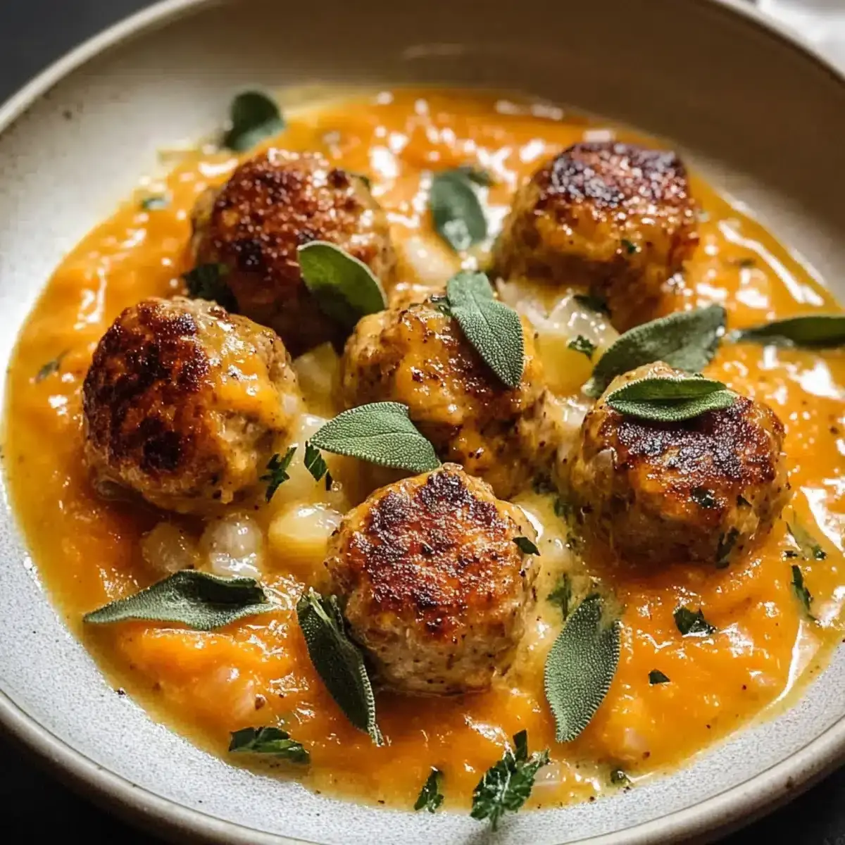 Putenfleischbällchen Kürbis Salbei Sauce