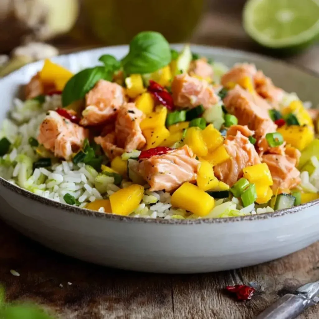Reissalat mit Lachs und Mango