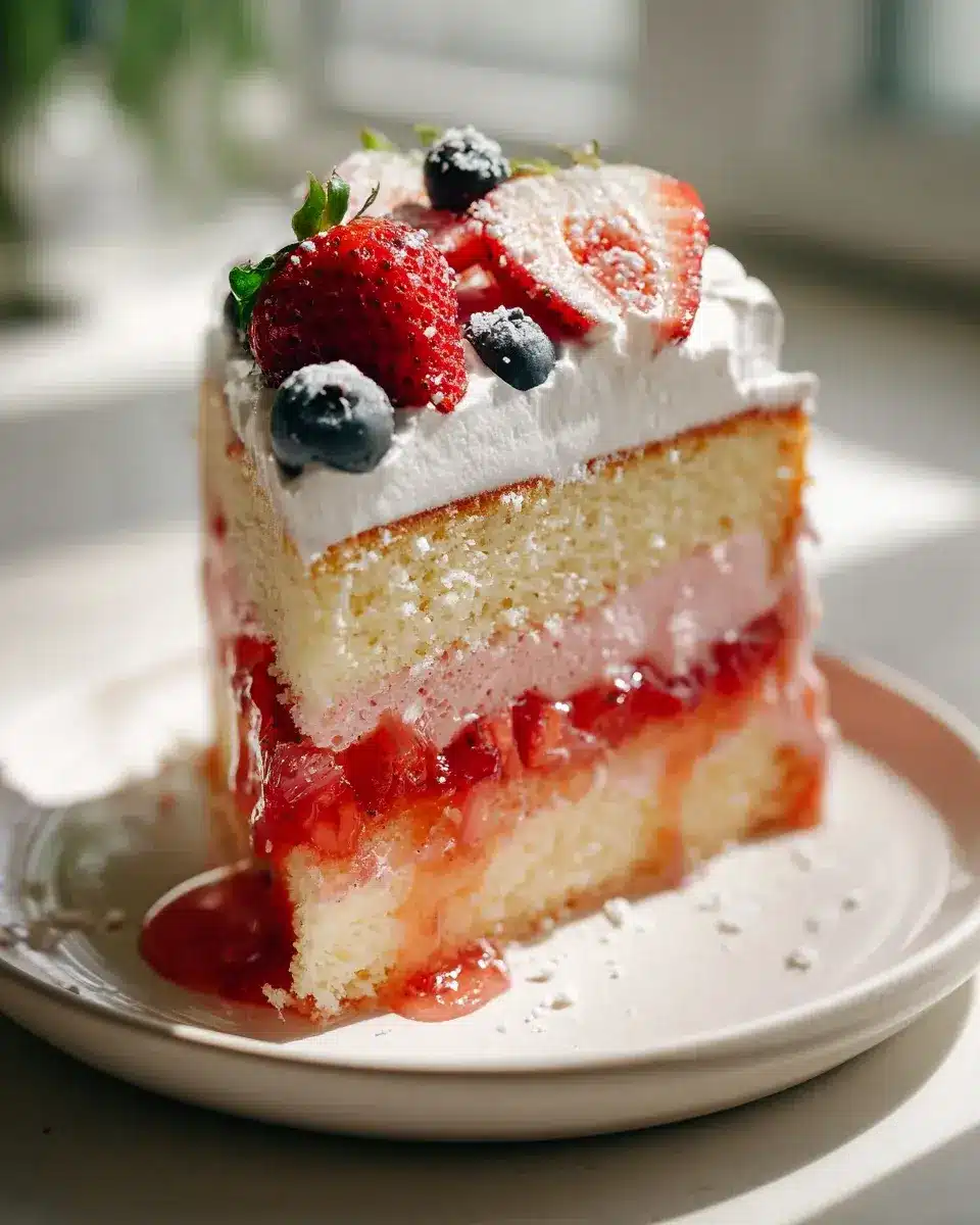 Rhabarber Biskuitkuchen mit Sahne und frischen Erdbeeren