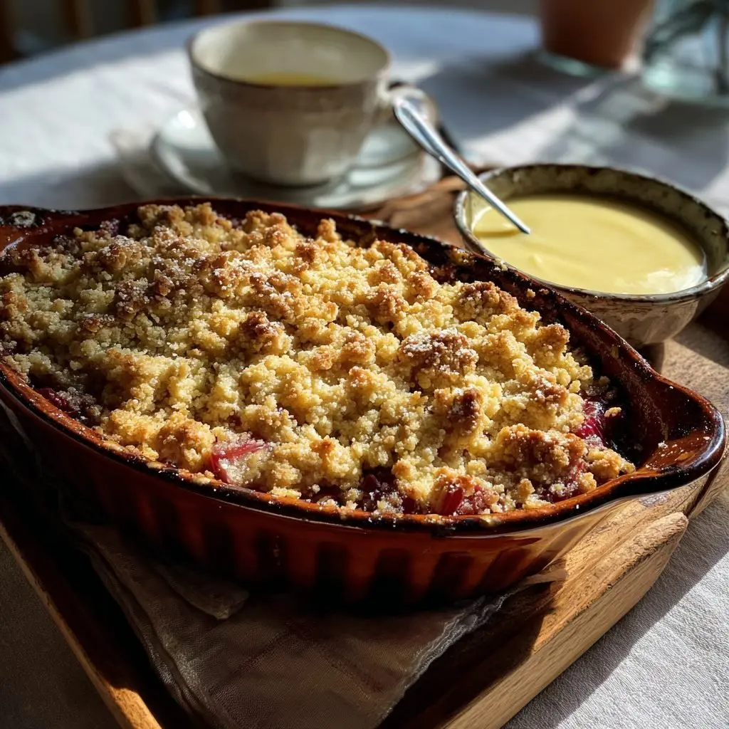 Knuspriger Rhabarber Crumble mit hausgemachter Vanillesauce – LNNRW