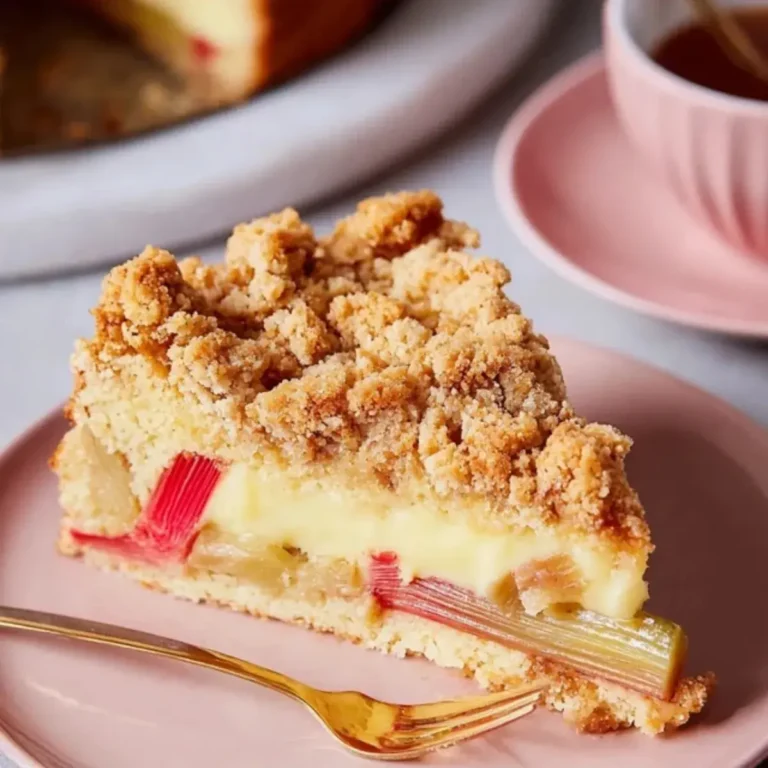 Rhabarberkuchen mit Pudding und Streuseln