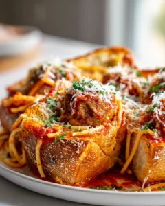 Spaghetti-Bällchen im Knoblauchbrot-Boot