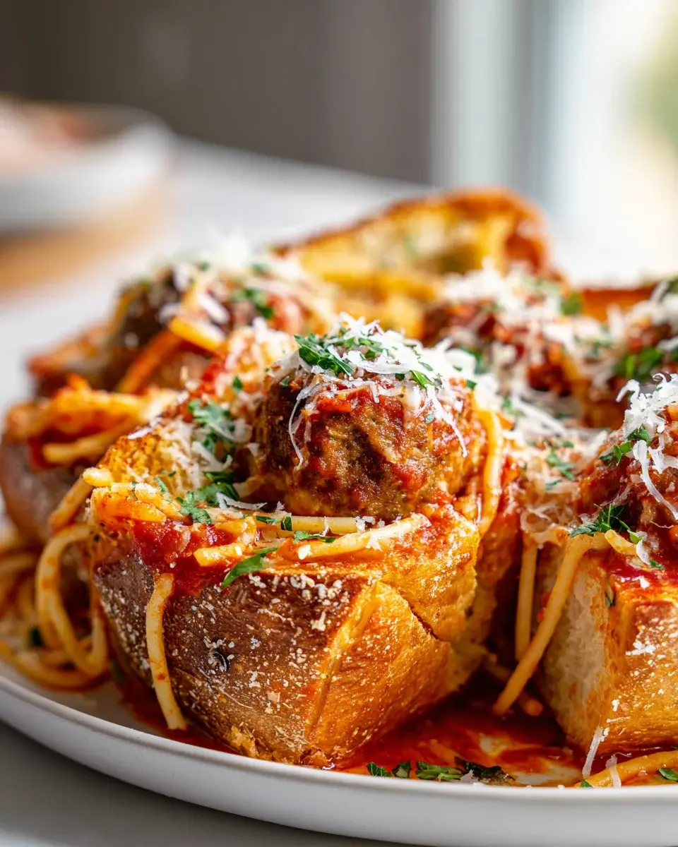 Spaghetti Meatball Stuffed Garlic Bread Boats
