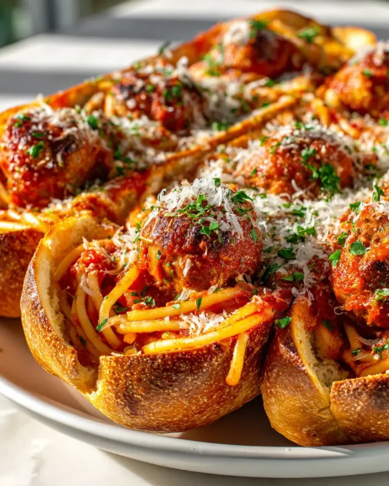 Spaghetti Meatball Stuffed Garlic Bread Boats