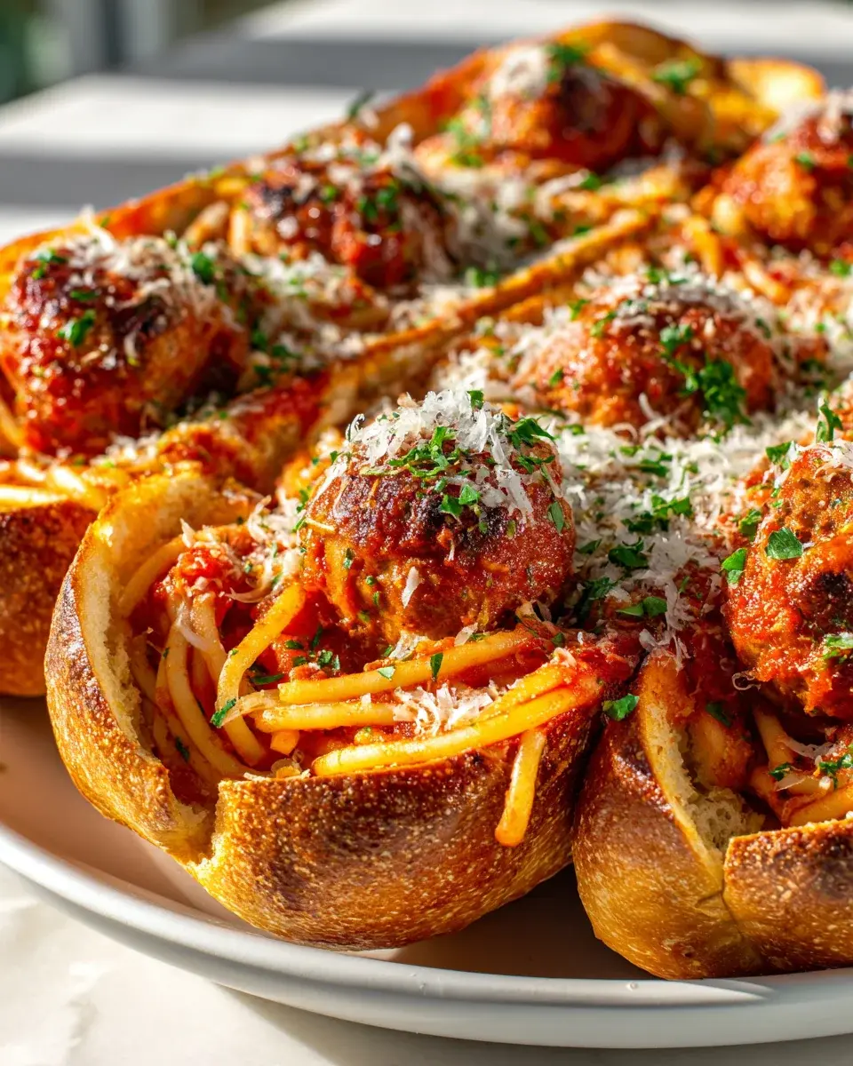 Spaghetti Meatball Stuffed Garlic Bread Boats