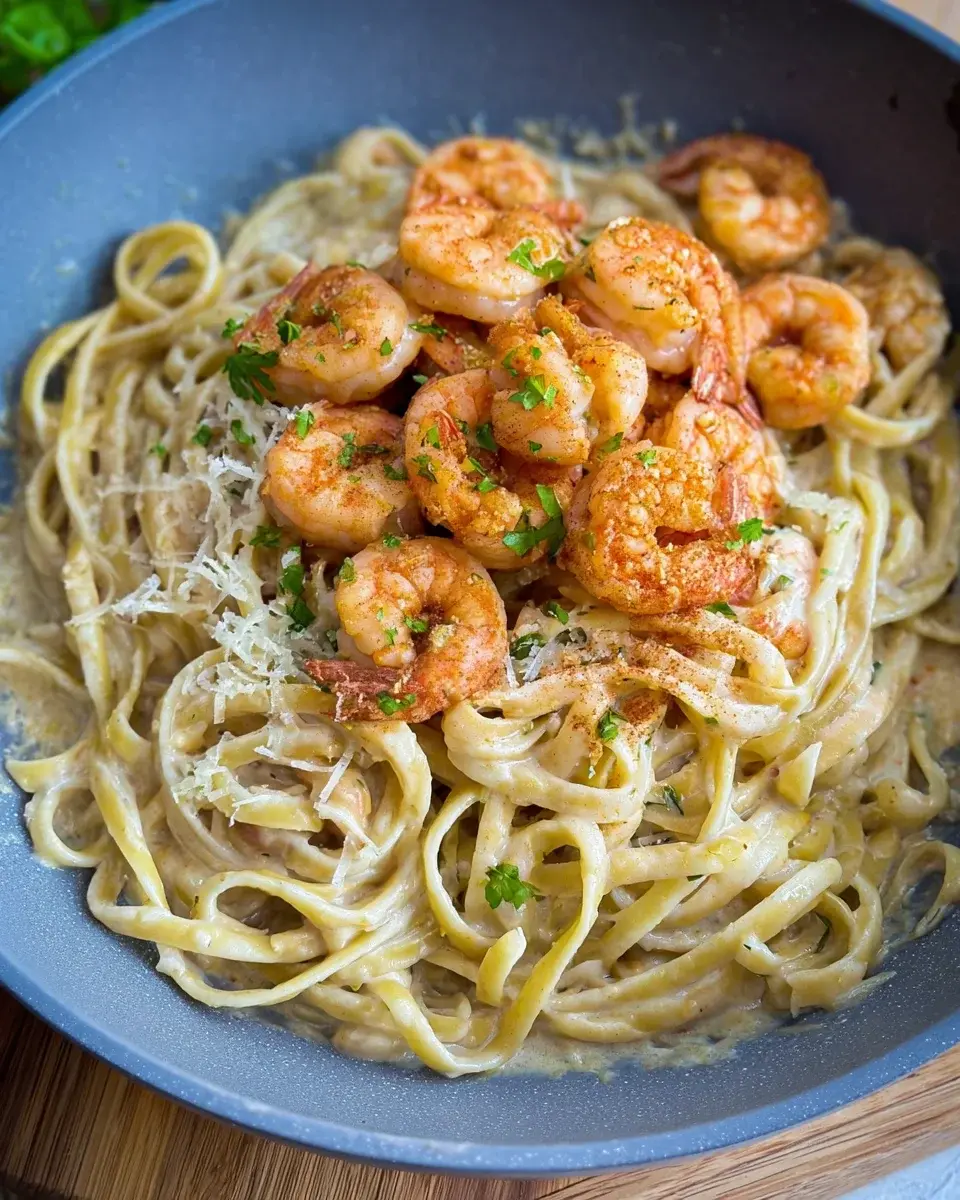 Spaghetti mit Garnelen cremiger Alfredo Sauce