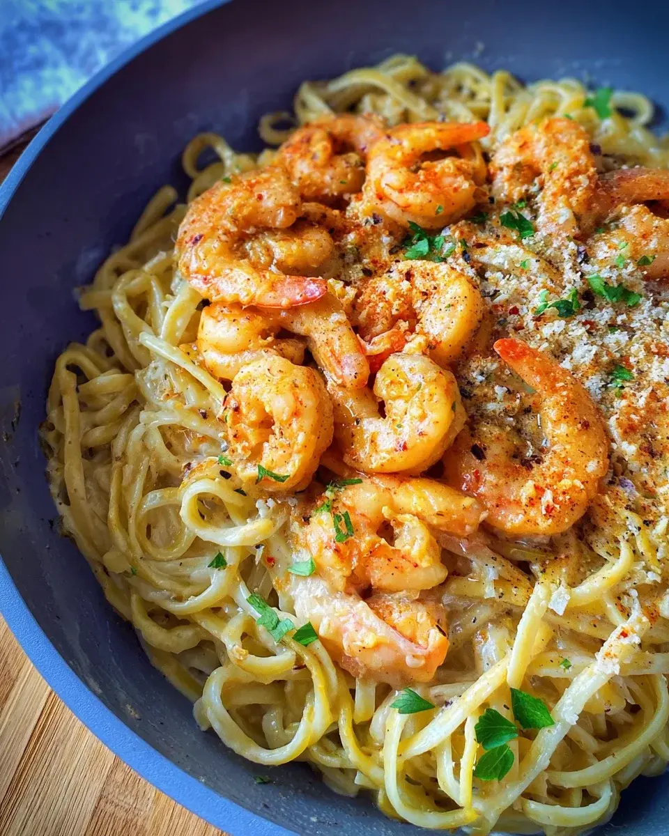Spaghetti mit Garnelen cremiger Alfredo Sauce