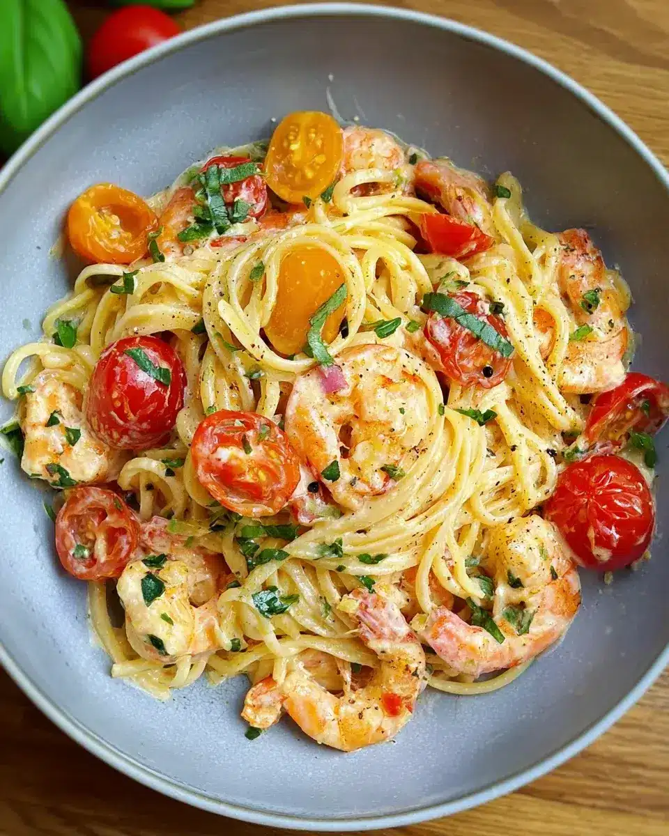 Spaghetti mit Garnelen in Frischkäsesauce