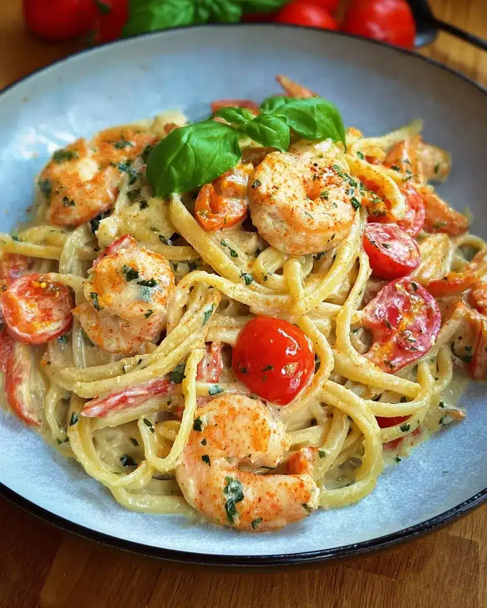 Spaghetti mit Garnelen in Frischkysesauce