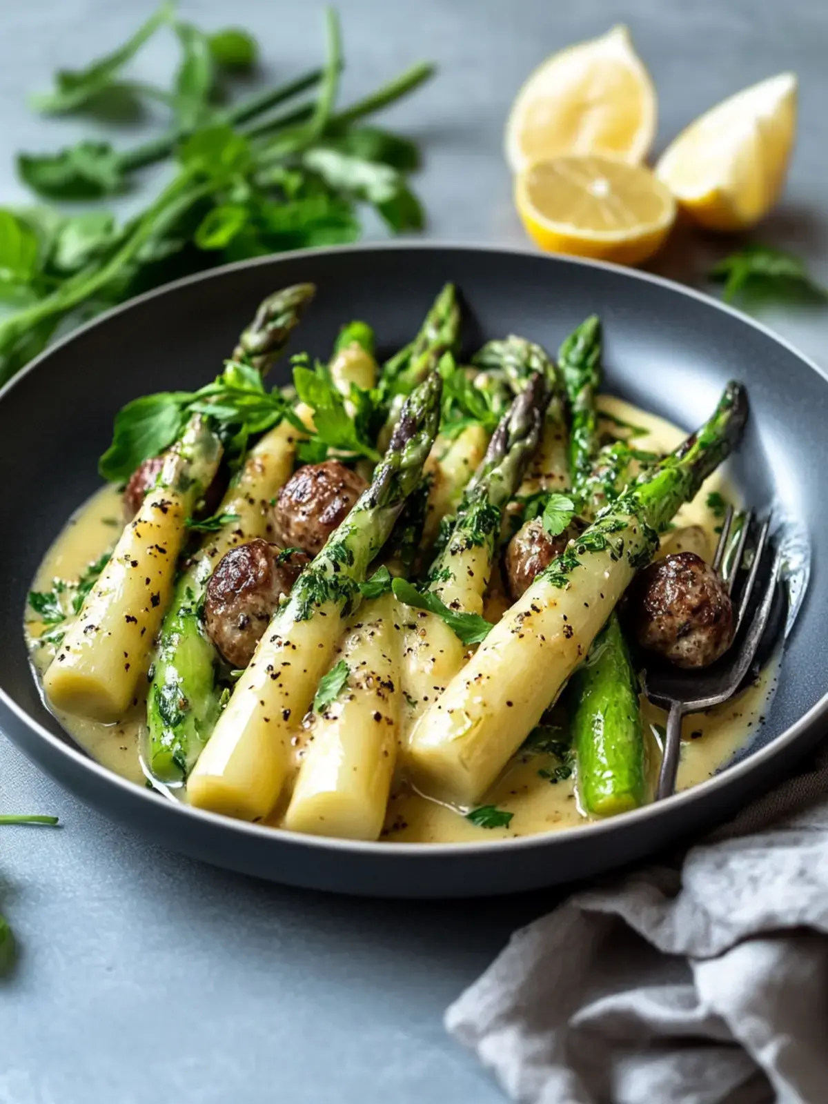 Spargel-Hackbällchen-Pfanne mit Rahmsoße