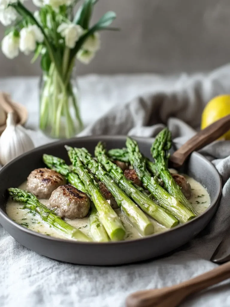 Spargel-Hackbällchen-Pfanne mit Rahmsoße