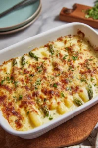 Klassischer Spargelauflauf mit Kartoffeln und Schinken