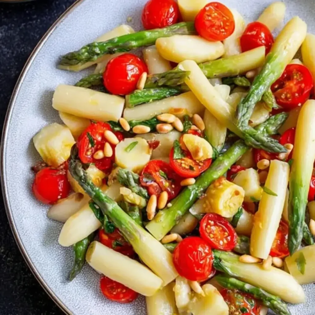Spargelsalat mit Tomaten und Pinienkerne