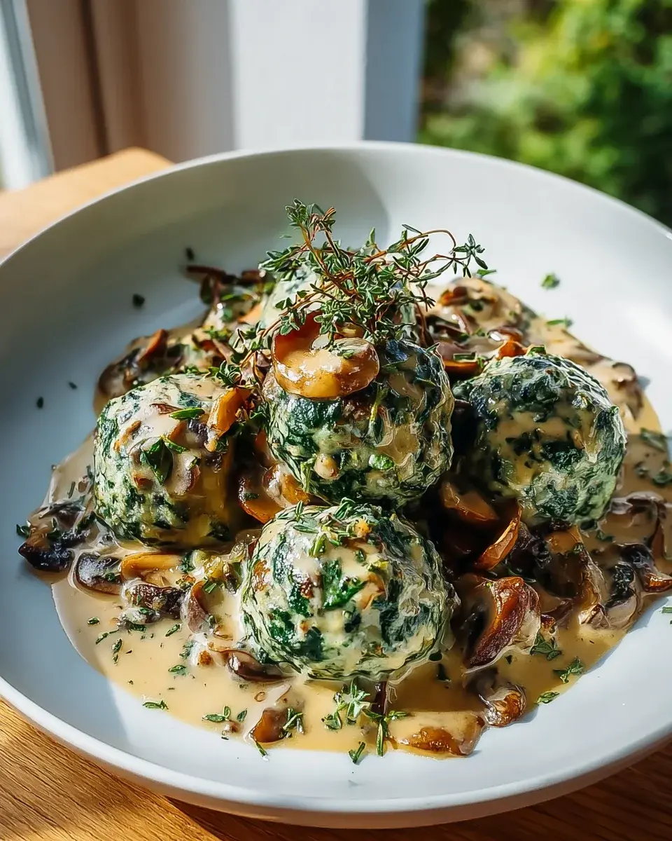 Spinatknödel mit Pilzragout