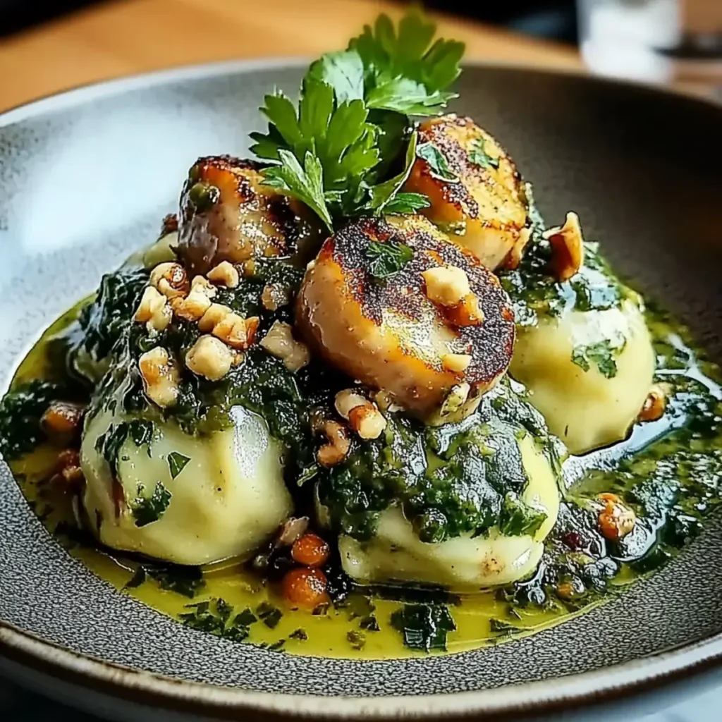 Spinatknödel mit Pilzragout