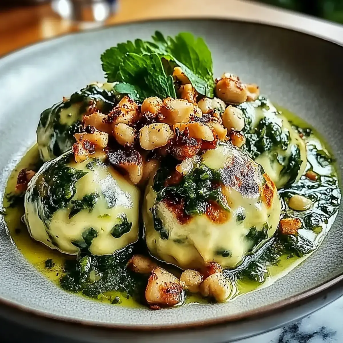Spinatknödel mit Pilzragout