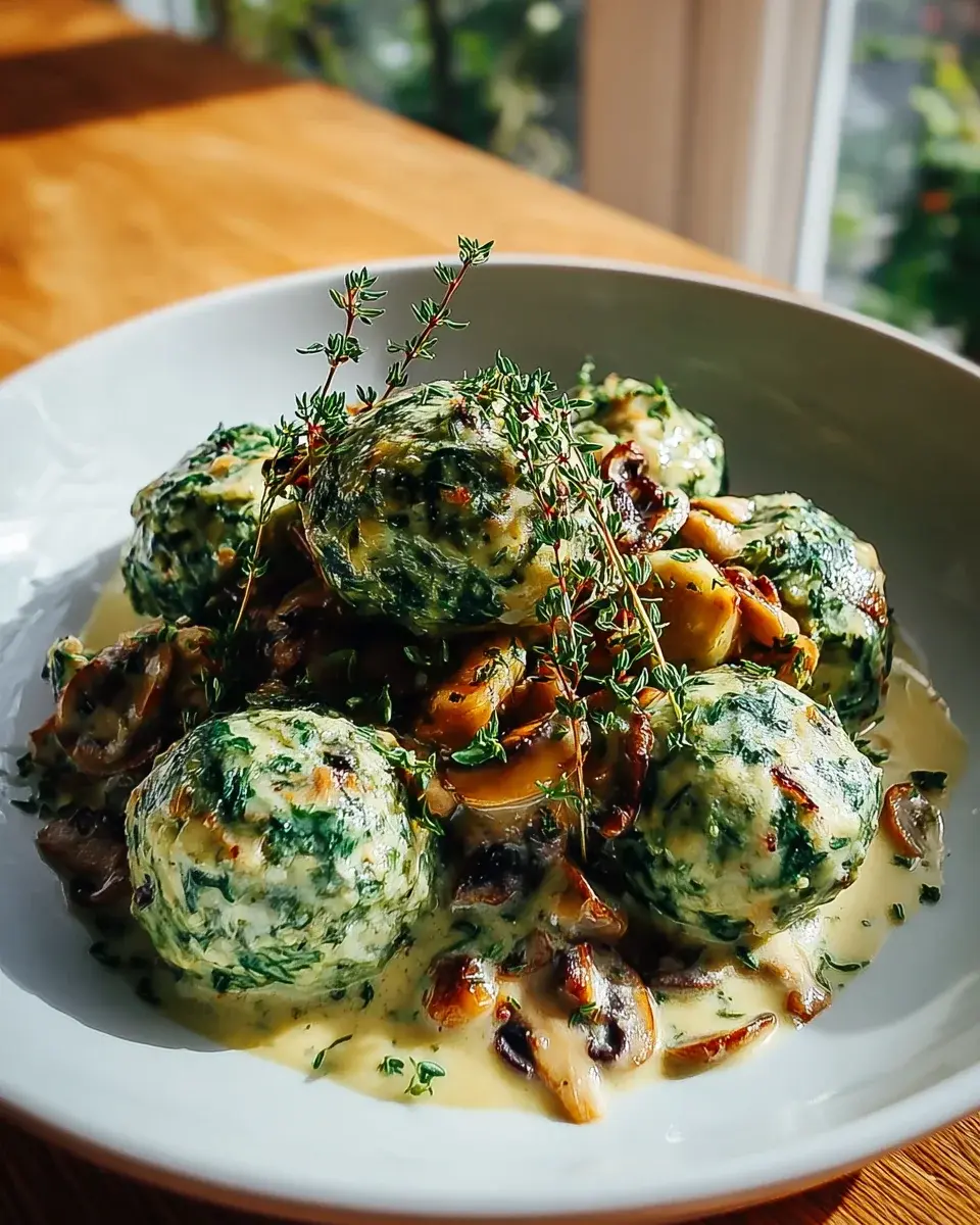 Spinatknödel mit Pilzragout