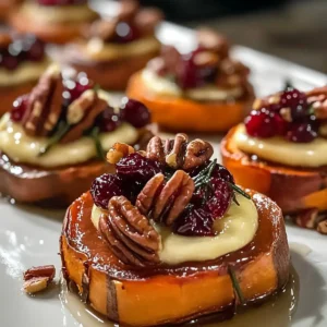 Süßkartoffelronden mit Brie, Cranberry und Pekannüssen
