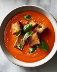 Tomaten-Basilikum-Suppe mit gegrillten Käse-Croutons
