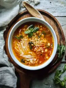 Herzhafte Tomaten Enoki-Pilz Suppe für Wohlfühlmomente