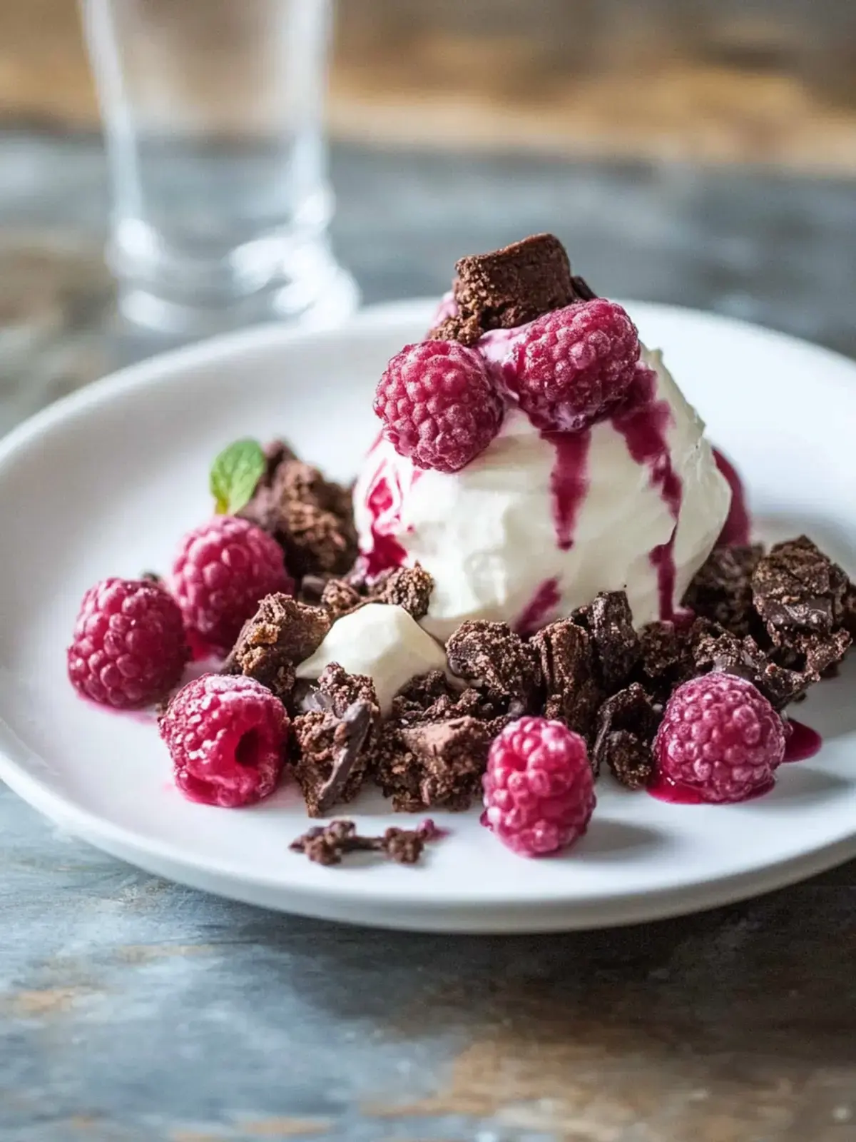 Tonkabohnen Eis Brownie Krümel Himbeer Espuma