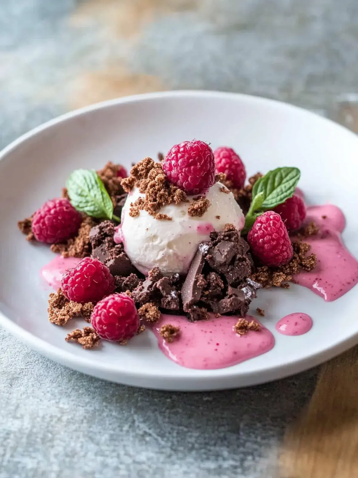 Tonkabohnen Eis Brownie Krümel Himbeer Espuma