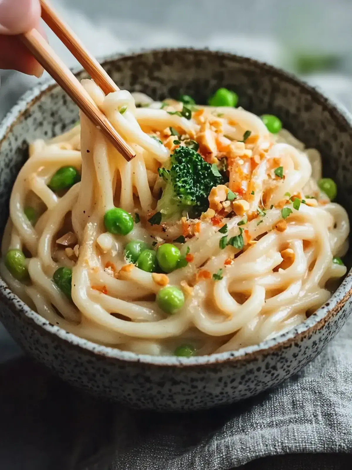 Udon-Nudeln mit Erdnusssauce und Gemüse