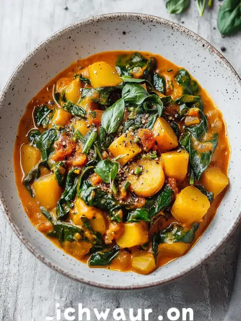 Veganes Kartoffelcurry mit Spinat und Erbsen