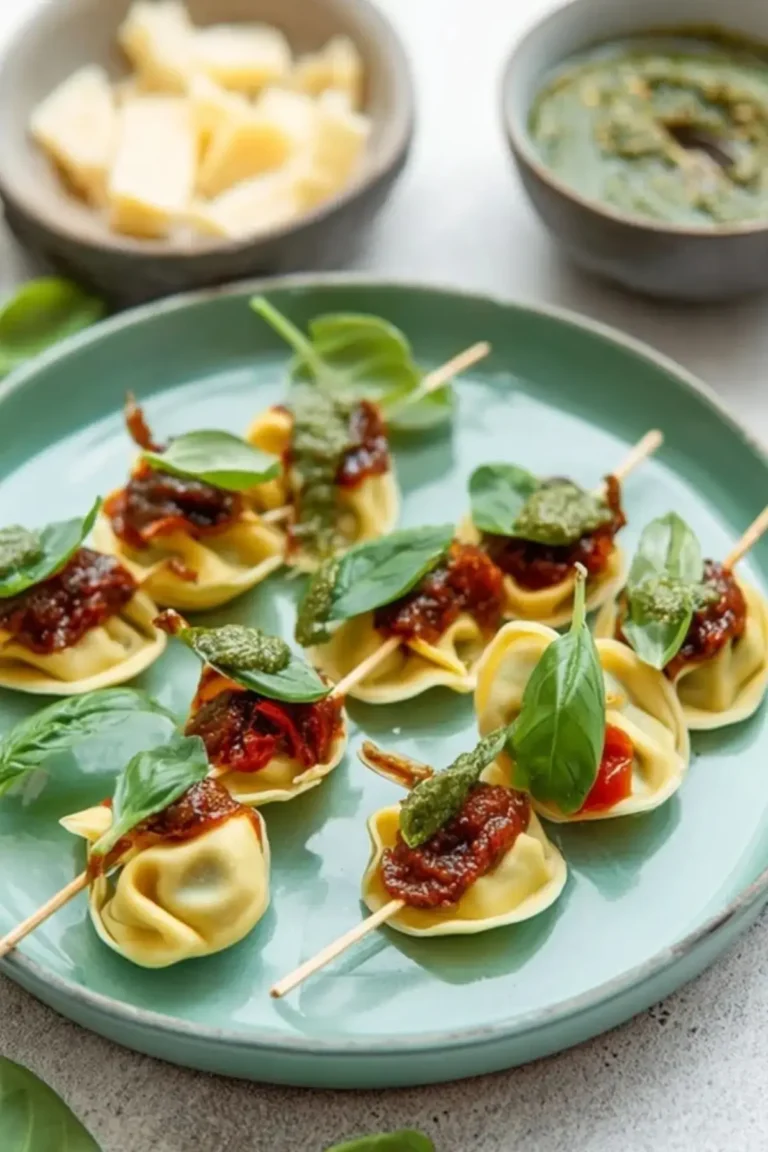 Vegetarische Tortellini Spieße mit Pesto