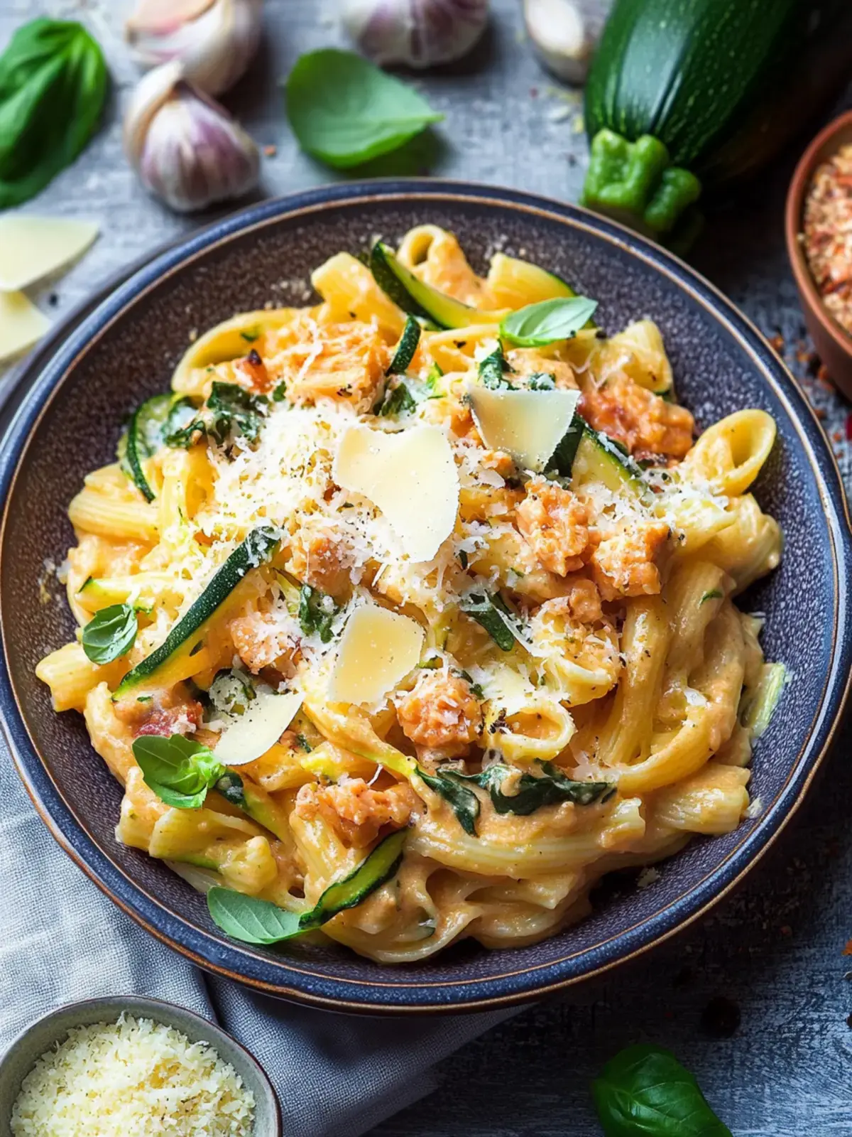 Zucchini Parmesan Pasta Hähnchen Pinienkerne