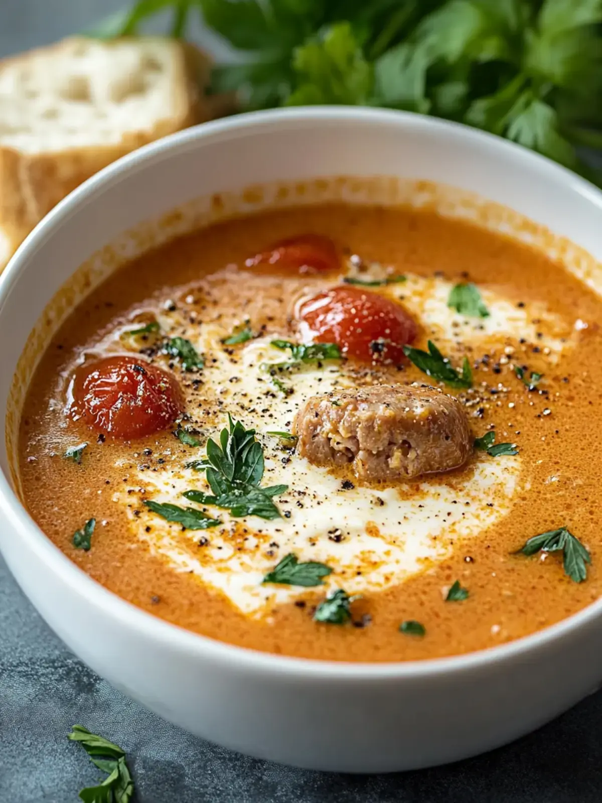 cremige Rinderwurst Tomaten Frischkyse Suppe