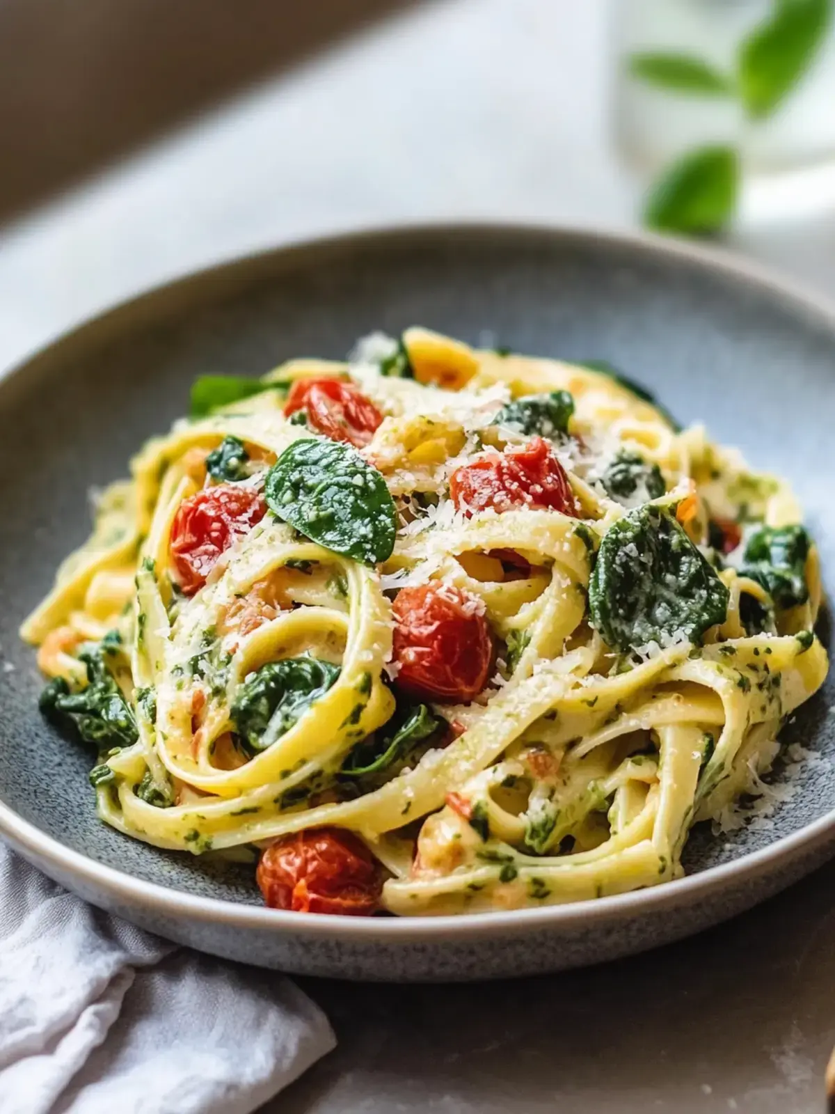 cremige Spinat-Pasta mit getrockneten Tomaten