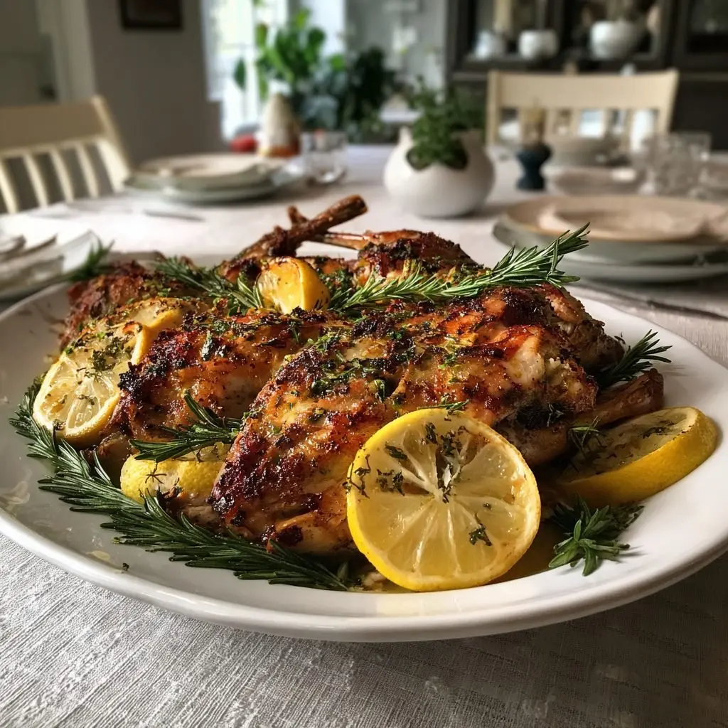 ganz gebratenes Kaninchen mit Kräutern und Zitrone