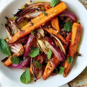 Geröstete Karotten und rote Zwiebeln mit Fenchel und Minze