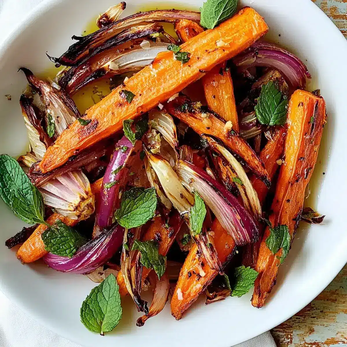 geröstete Karotten rote Zwiebeln Fenchel Minze