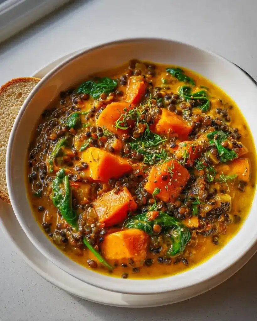 herzhafter Linseneintopf mit Kürbis