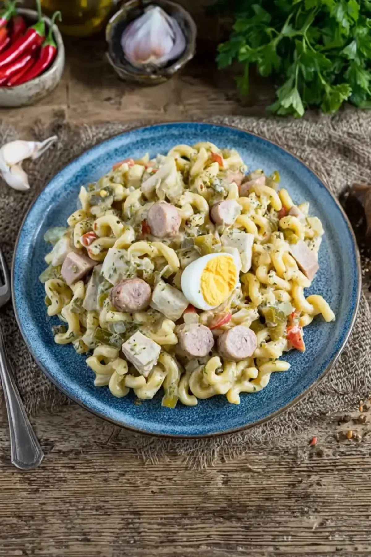 klassischer Nudelsalat mit Fleischwurst und Ei