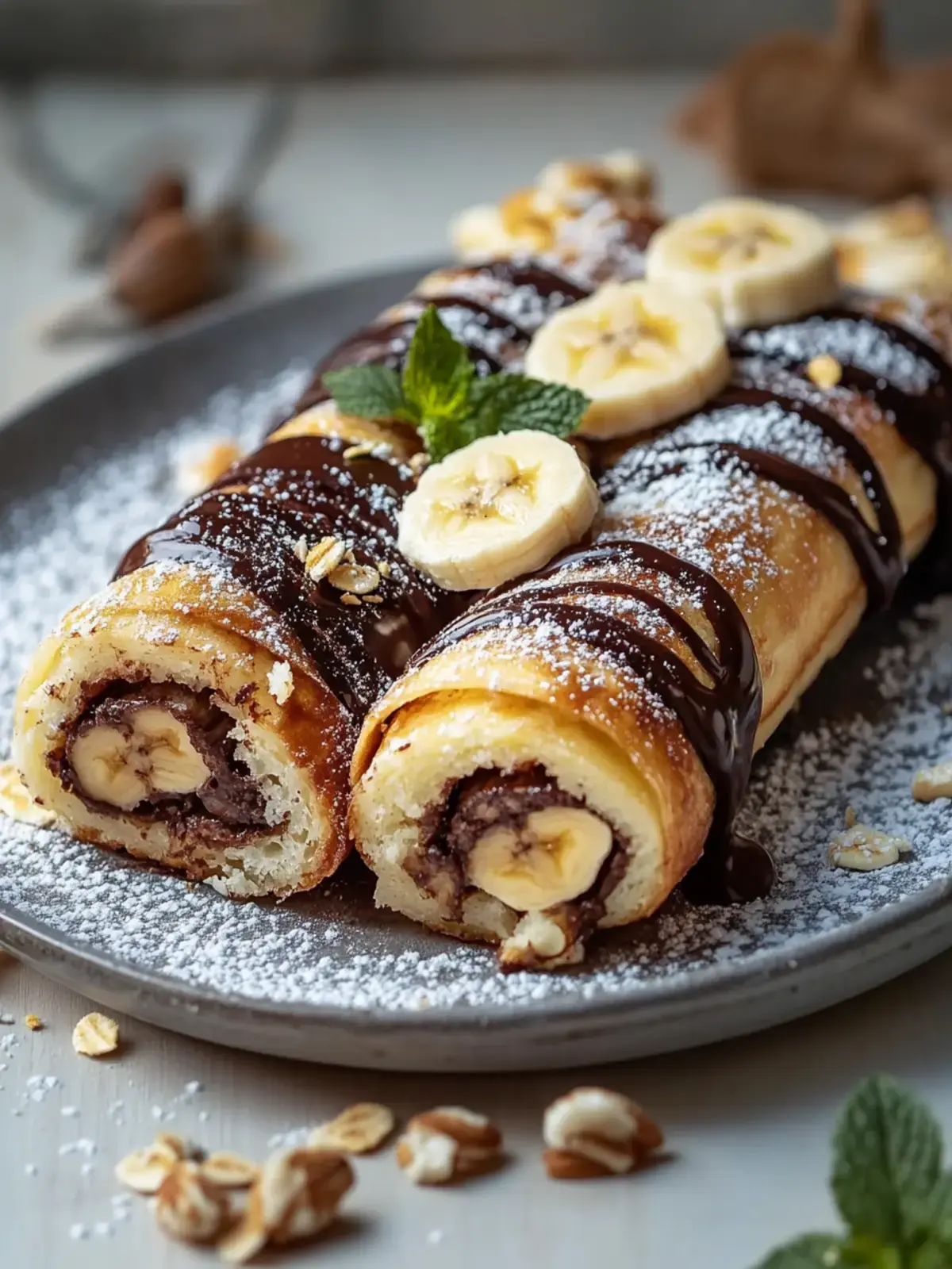 knusprige syye Fryhlingsrollen mit Banane und Schokolade